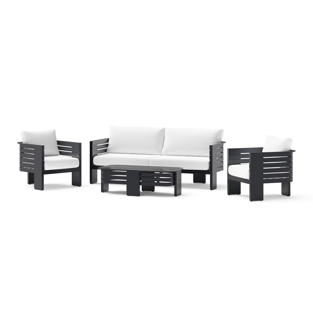 Pluma 4 Piece Sunbrella® Outdoor Patio Seating Set with Sintered Stone Coffee Table - Canvas White