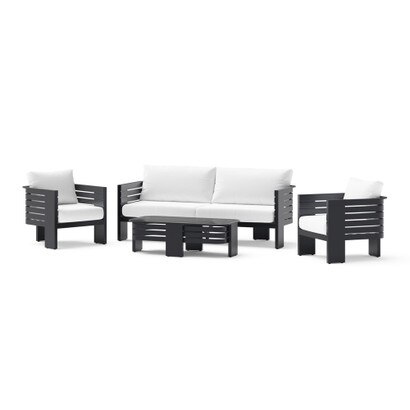 Pluma 4 Piece Sunbrella® Outdoor Patio Seating Set with Sintered Stone Coffee Table - Canvas White