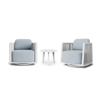 Santorini 3 Piece Outdoor Swivel Seating Set in White - Plain Weave Sky Blue