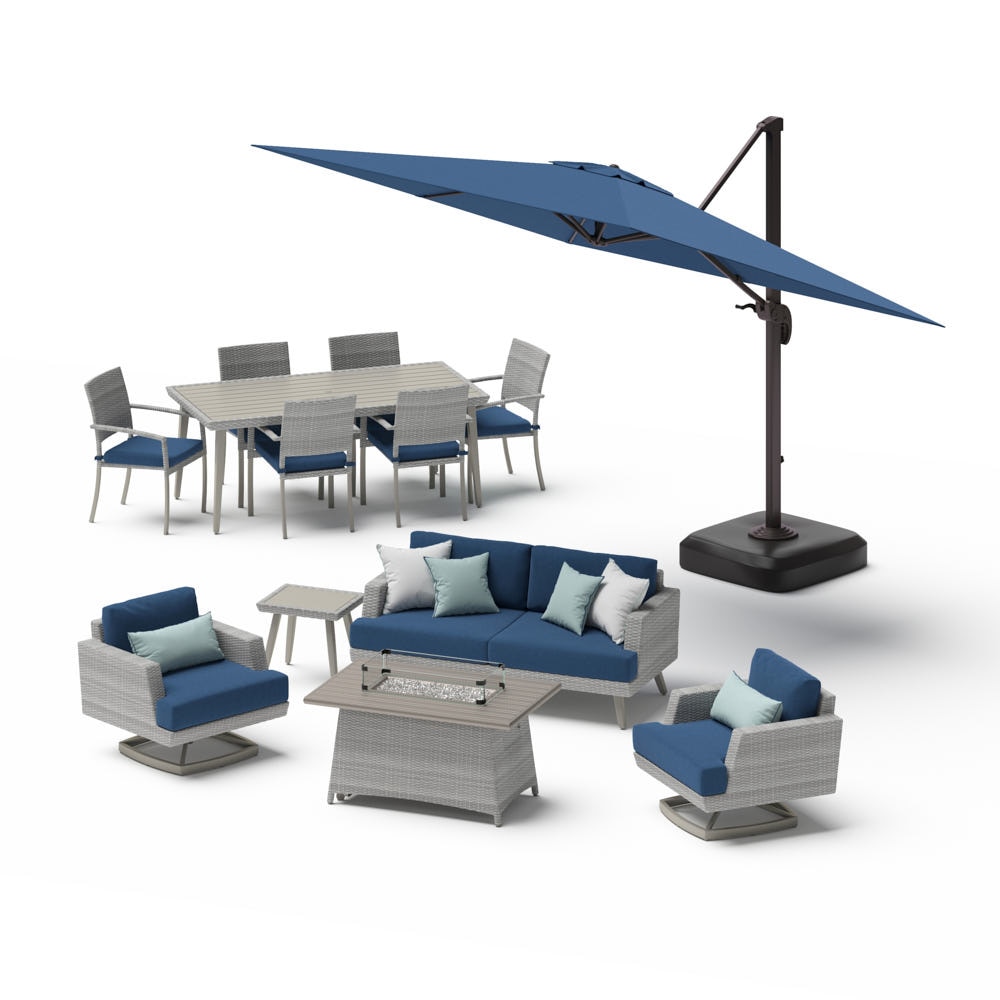 PortofinoÃ‚Â® Casual 13 Piece SunbrellaÃ‚Â® Outdoor Patio Motion Seating & Dining Set With Fire Table & Umbrella - Laguna Blue