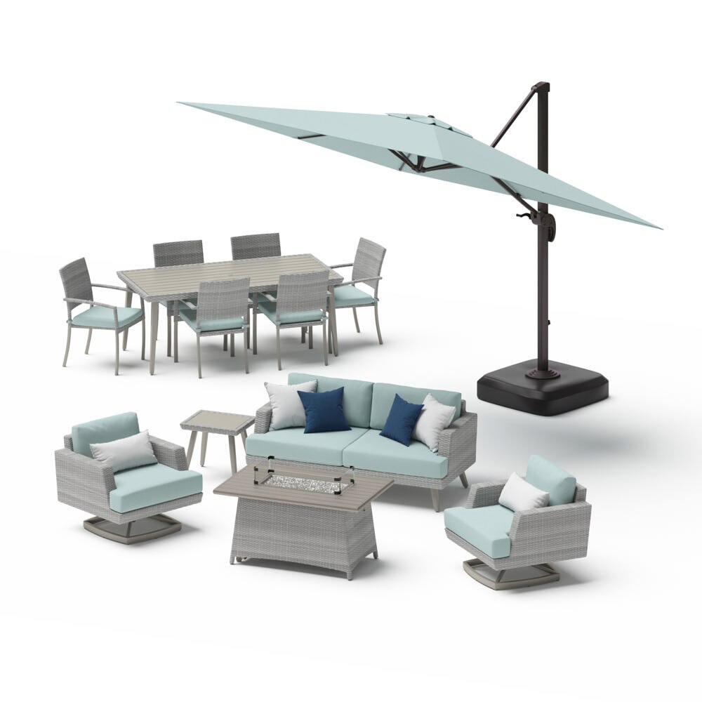 Portofino® Casual 13 Piece Sunbrella® Outdoor Patio Motion Seating & Dining Set With Fire Table & Umbrella - Spa Blue